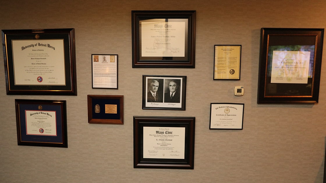 Certifications framed on office wall